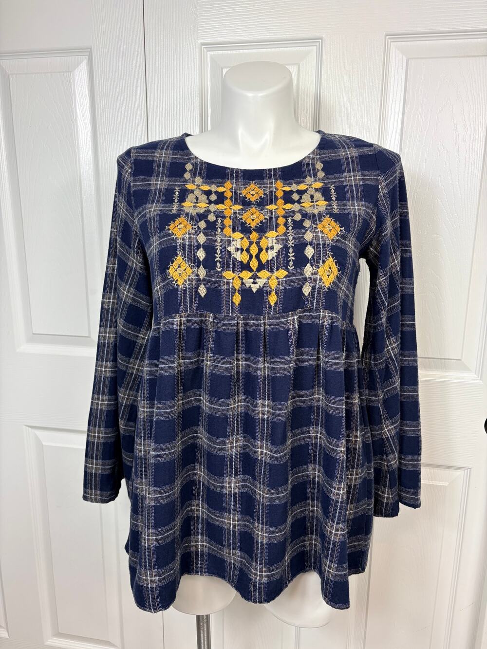 Weekend Suzanne Betro Blue Plaid Embroidered Babydoll Tunic Top Size L